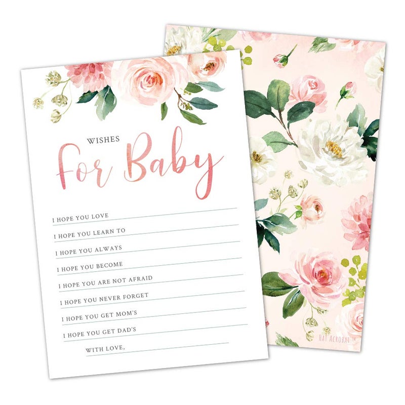 Hat Acrobat Set of 50 Wishes for Baby Cards for Baby Shower - Cute Floral Baby Shower Games - Blush Pink Baby Shower Wishes for Baby Advice Cards Girl Shower Decorations - Image 1
